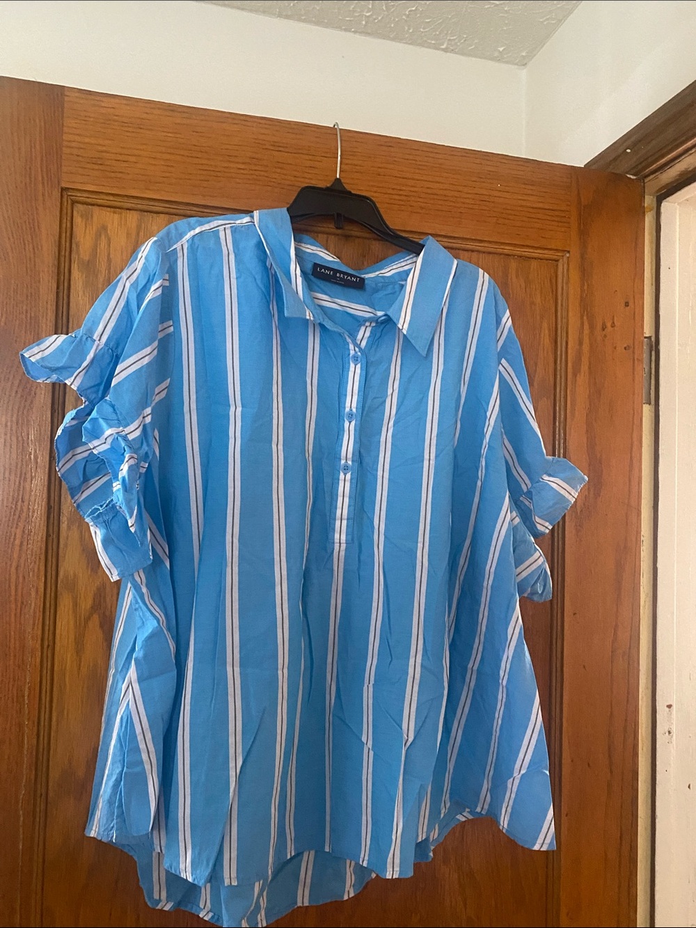 Lane Bryant Light Blue and White Vertical Stripe Button-Down Shirt